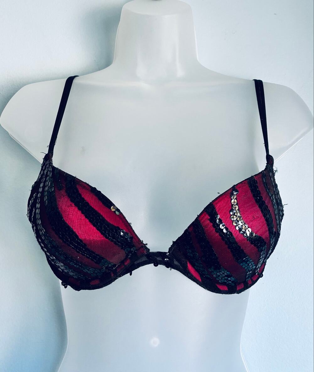 Victoria's Secret Push Up Bra Very Sexy VTG (04) Sequin Black Pink 34A